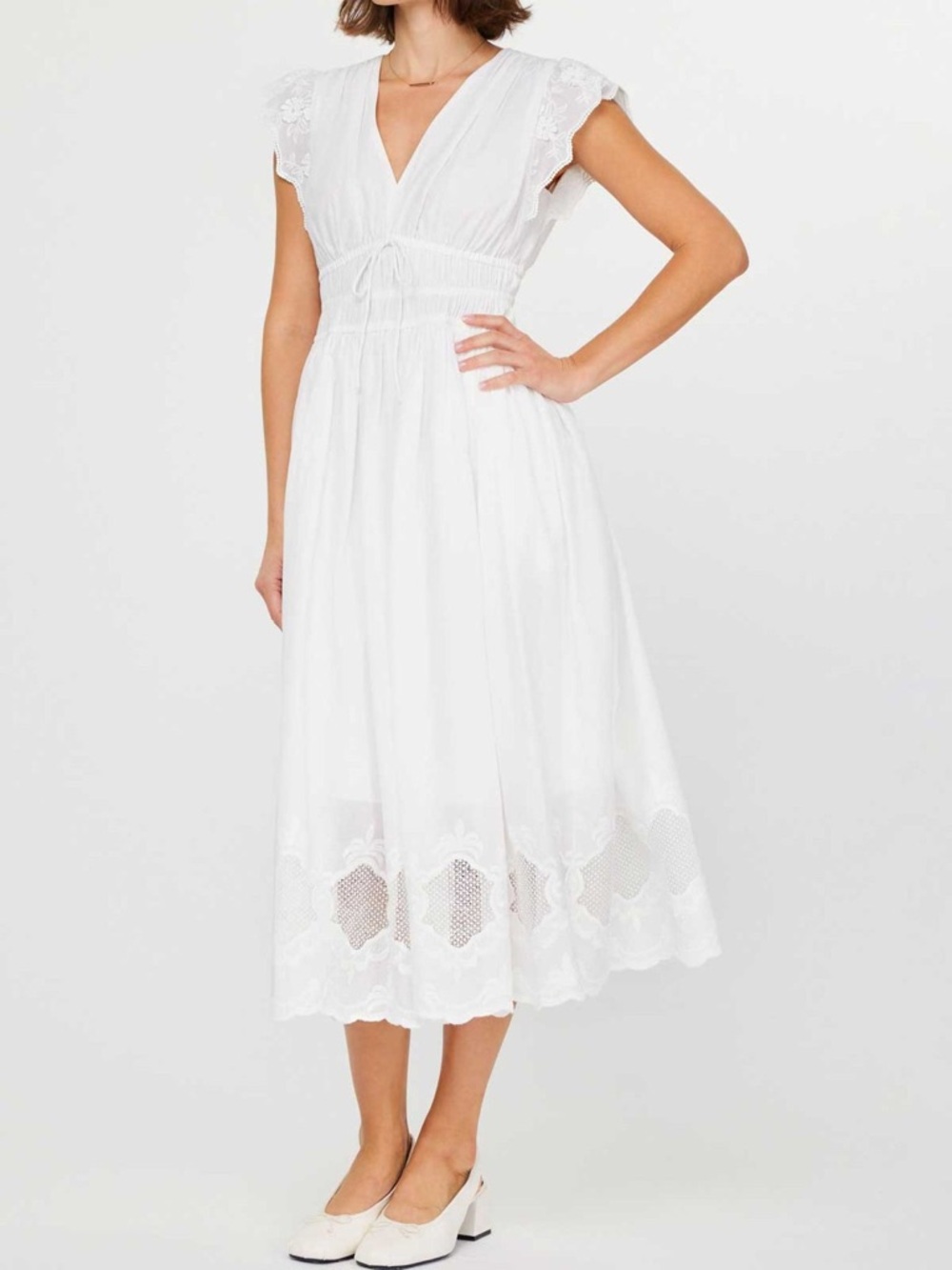 Current Air Los Angeles Leia White Flutter Sleeve Midi Cotton Dress Medium